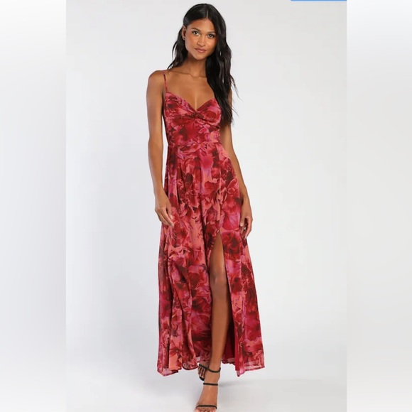 Lulus Dresses & Skirts - NWT Lulus Beautiful Soul Burgundy Floral Print Twist-Front Maxi Dress